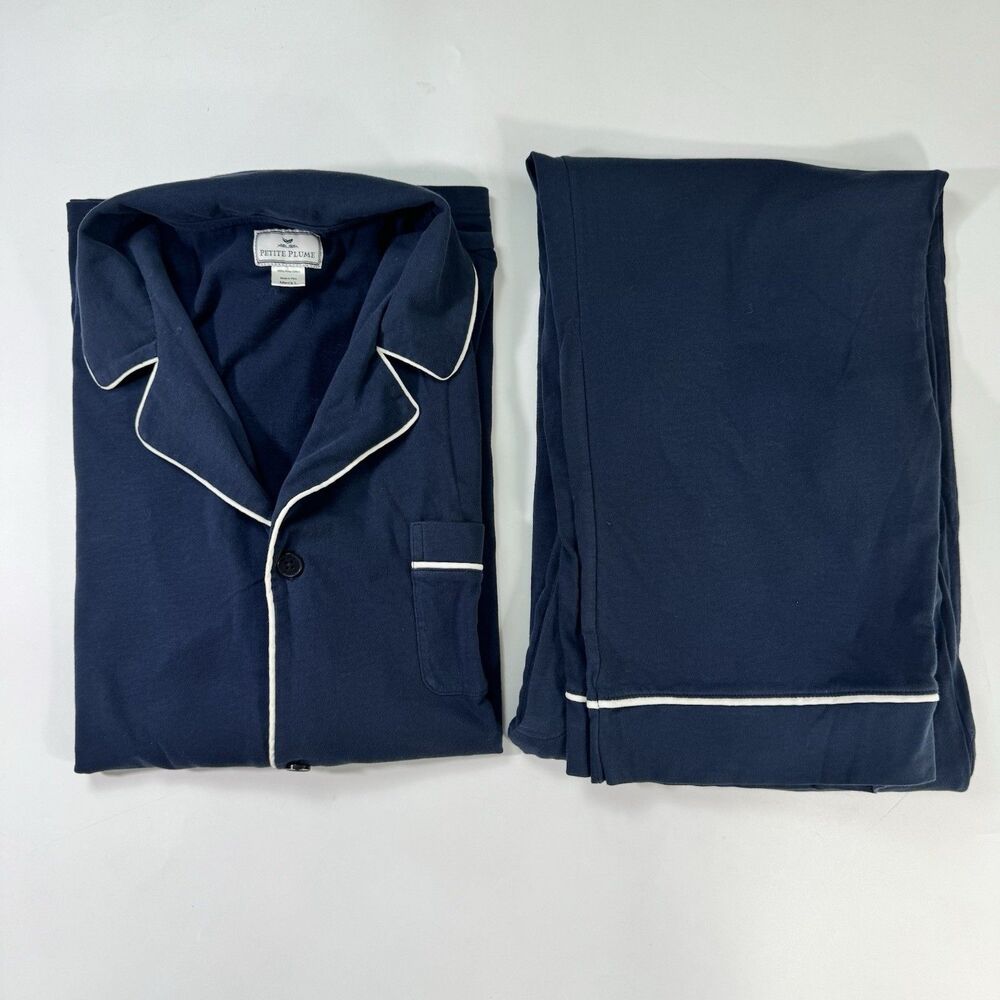 Petite Plume Pajama Set Mens L Navy Pima Cotton Piping Loungewear Quiet Luxury